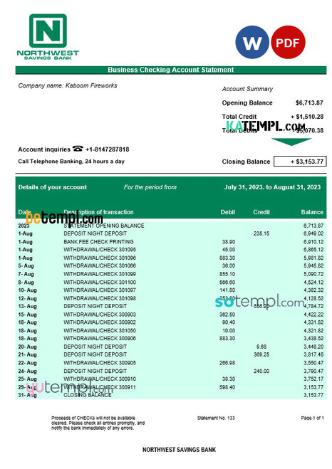 Northwest Savings Bank organization checking account statement Word and PDF template