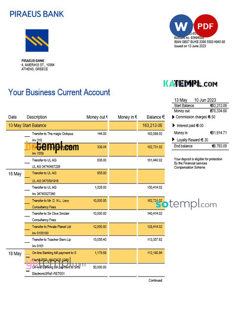 Piraeus Bank Business statement Word and PDF template