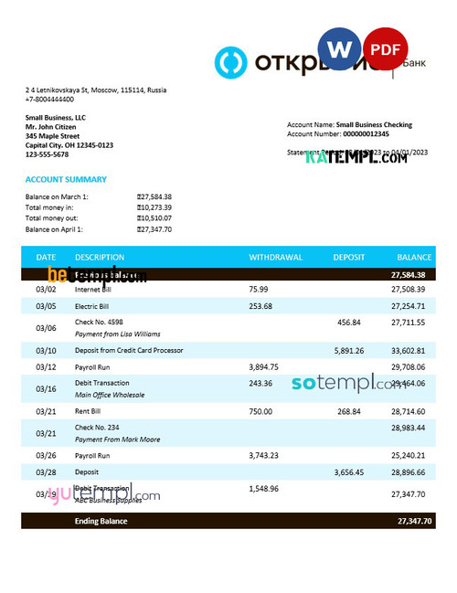 Otkritie FC Bank enterprise account statement Word and PDF template