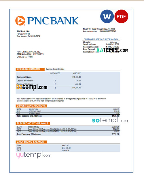 PNC Bank firm checking account statement Word and PDF template