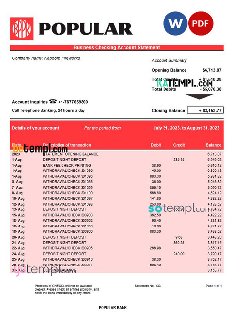Popular Bank firm account statement Word and PDF template