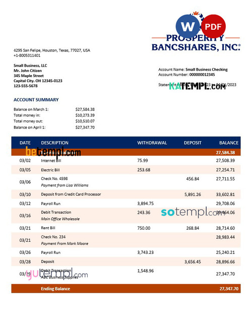 Prosperity Bancshares Inc company checking account statement Word and PDF template