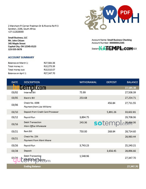 Rand Merchant Bank enterprise account statement Word and PDF template