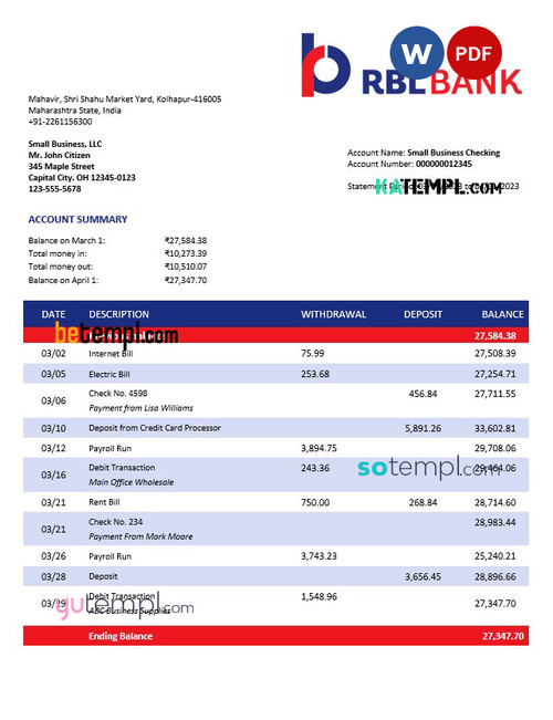 RBL Bank enterprise account statement Word and PDF template