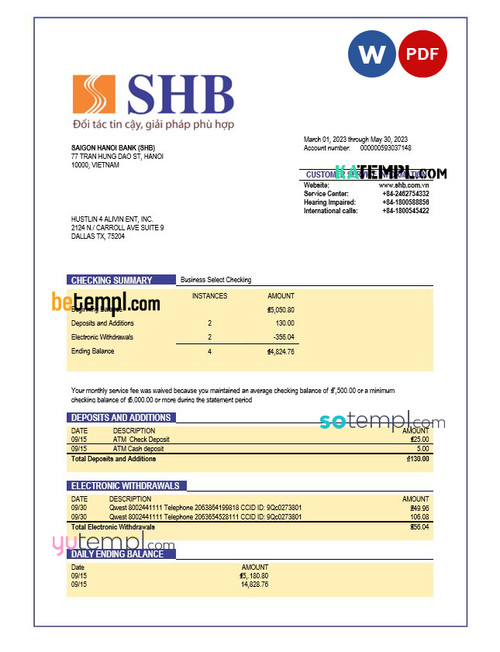 Saigon Hanoi Bank (SHB) organization account statement Word and PDF template