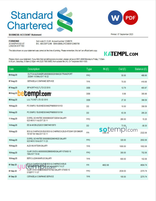 standard chartered bank company account statement Word and PDF template