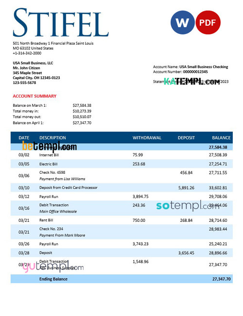 stifel financial bank firm statement Word and PDF template
