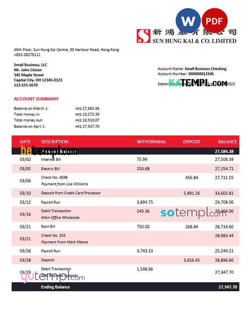 sung hung kai bank company account statement Word and PDF template