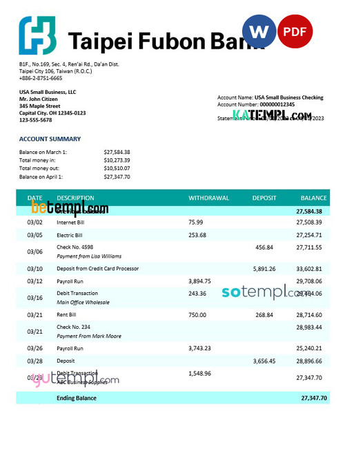 taipai fubon bank corporate checking account statement word and pdf template