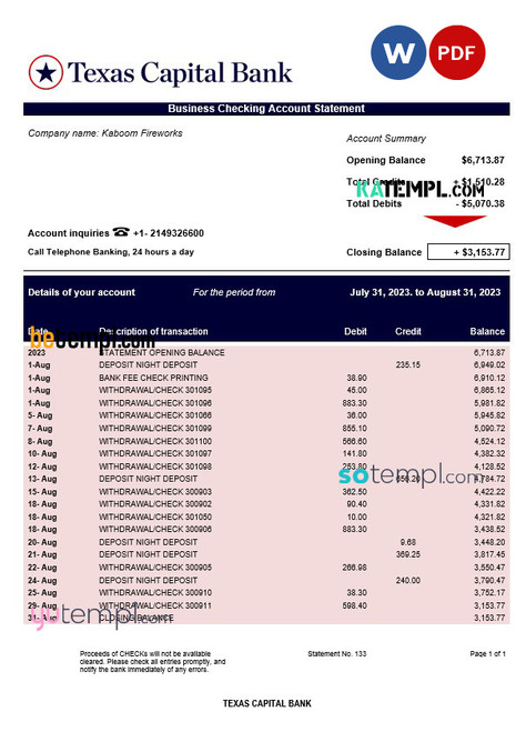 Texas Capital Bank company account statement word and pdf template