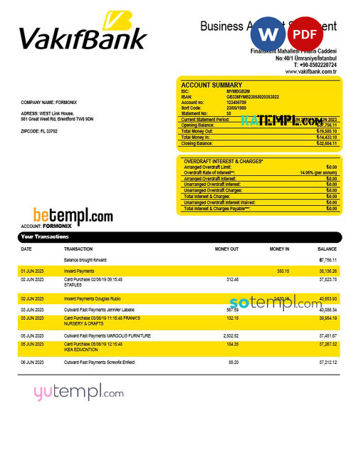 Vakifbank company account statement Word and PDF template