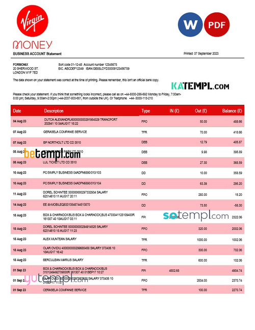 Virgin Money Bank firm account statement Word and PDF template