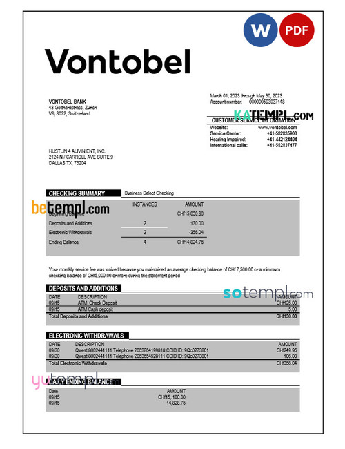 Vontobel Bank firm account statement Word and PDF template