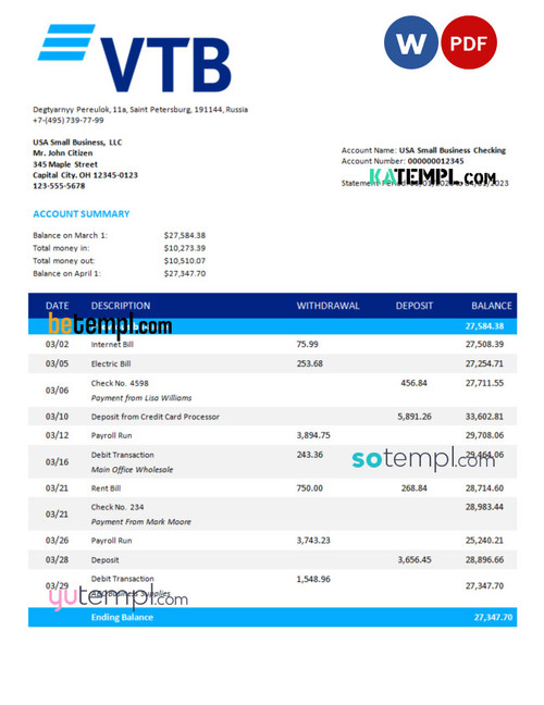 VTB Bank firm account statement Word and PDF template