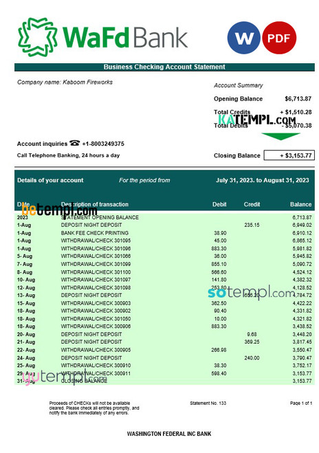 Washington Federal Inc Bank business checking account statement Word and PDF template