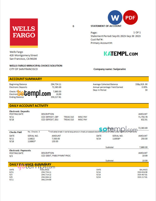 Wells Fargo firm bank statement Word and PDF template