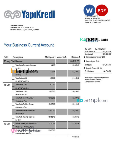 Yapi Kredi bank organization account statement Word and PDF template