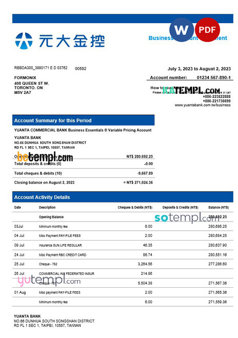 Yuanta Securities bank organization account statement Word and PDF template