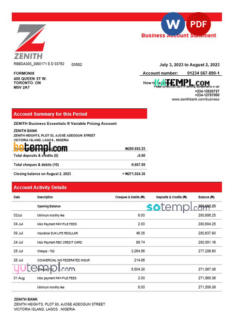 Zenith bank business checking account statement Word and PDF template