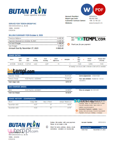 Butan Plin d.o.o. gas utility business bill, Word and PDF template