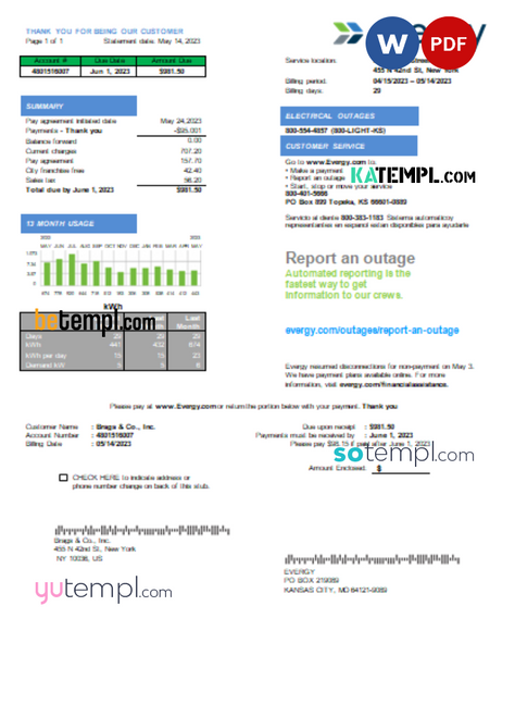 Missouri Evergy electricity utility business bill, Word and PDF template