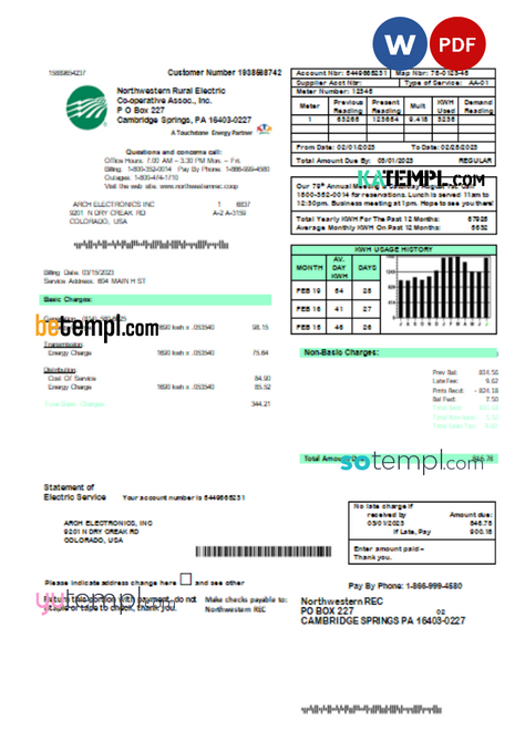 Northwestern Rural Electric utility business bill PDF and WORD template