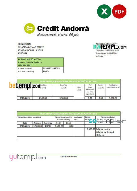 Andorra Credit Andorra bank statement template in Excel and PDF format