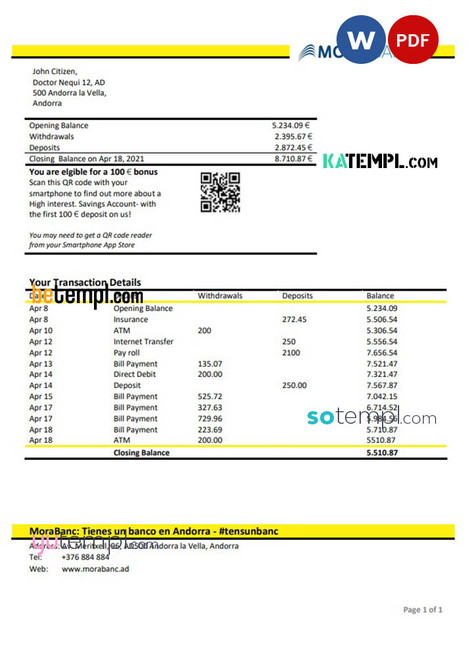 Andorra MoraBank bank statement template in Word and PDF format Andorra MoraBank bank statement template in Word and PDF format