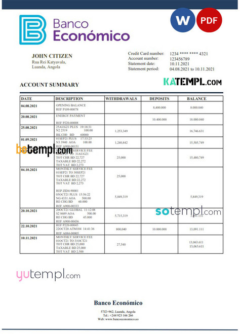 Angola Banco Economico bank statement template in Word and PDF format