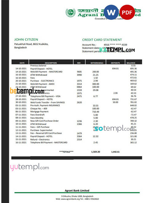 Bangladesh Agrani Bank statement, Word and PDF template