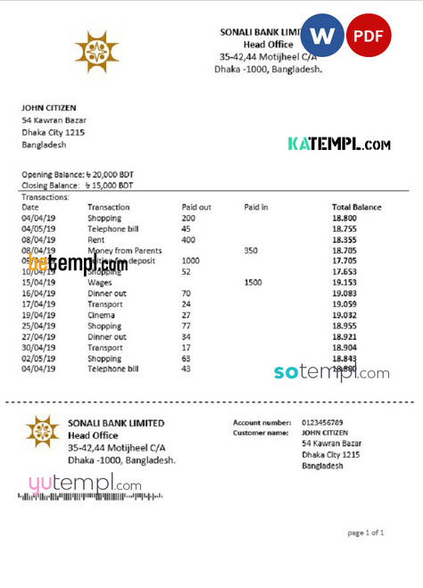 Bangladesh Sonali Bank proof of address statement template in Word and PDF format (.doc and .pdf)