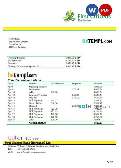 Barbados First Citizens bank statement template in .doc and .pdf format
