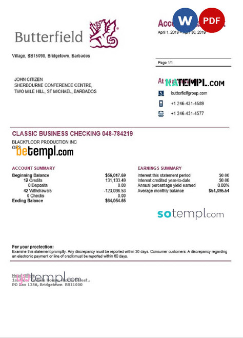 Barbados First Citizens bank statement template in Excel and PDF format