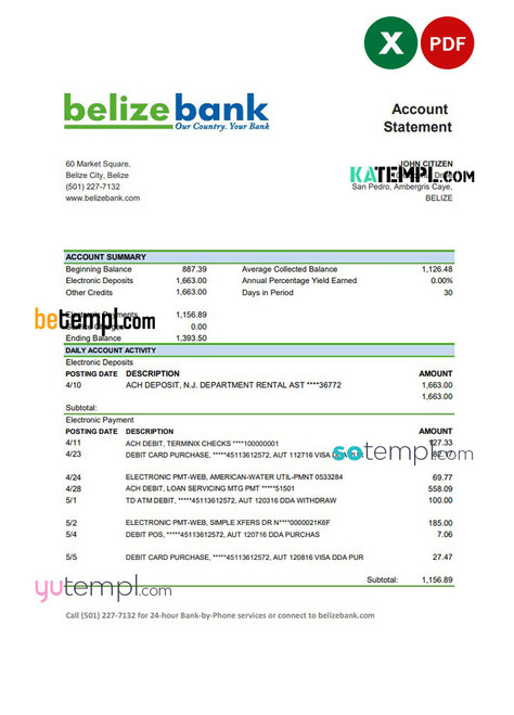 Belize Belizebank bank statement easy to fill template in .xls and .pdf file format