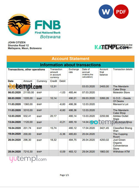 Botswana First National Bank statement template in Word and PDF format, good for address prove