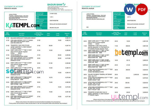 Brunei Baiduri bank statement, Word and PDF template, 3 pages