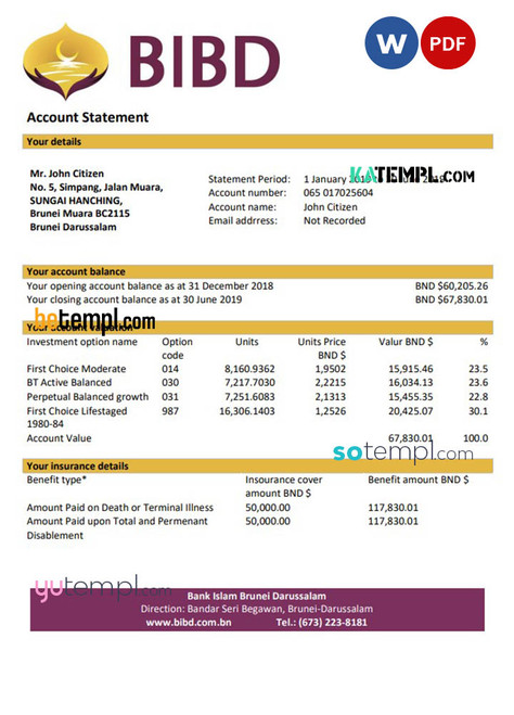 Brunei Bank Islam Brunei Darussalam bank statement template in Word and PDF format