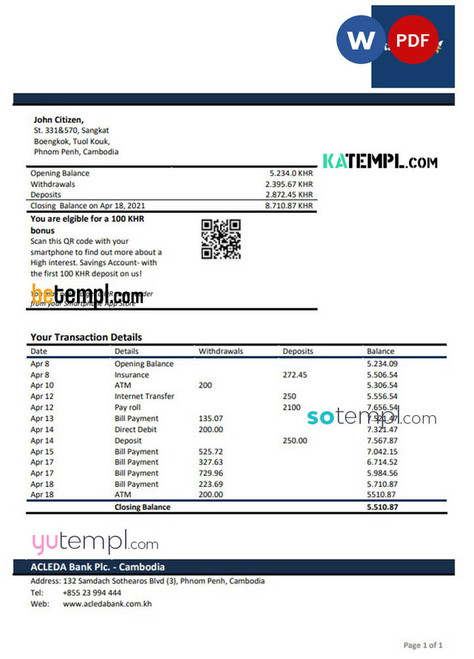 Cambodia Acleda bank statement Word and PDF template