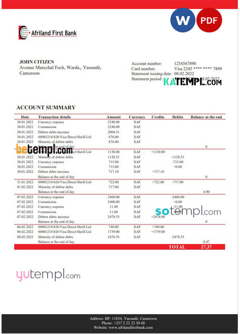 Cameroon Afriland First bank statement Word and PDF template