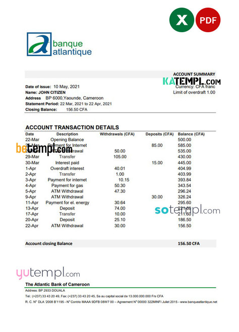 Cameroon Atlantic bank statement template in Excel and PDF format