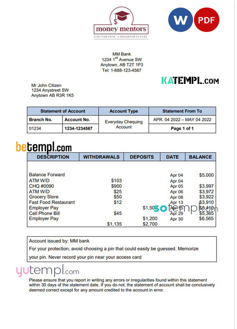 Canada Money Mentors (MM) bank statement Word and PDF template