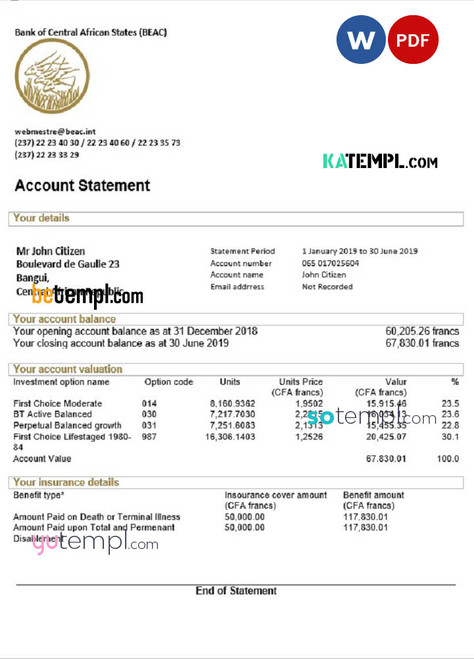 Central African Republic Bank of Central African States (BEAC) bank statement template, Word and PDF format (.doc and .pdf)