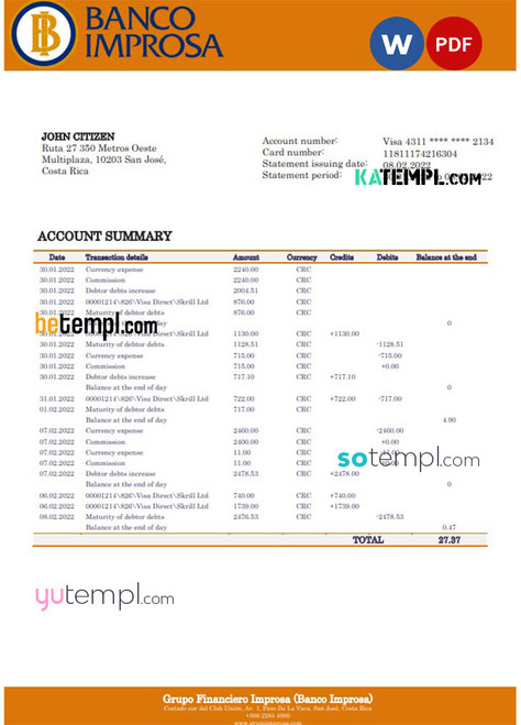 Costa Rica Banco Improsa bank statement template in Word and PDF format