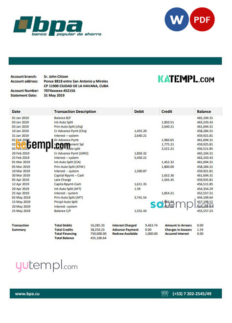 Cuba Banco Popular de Ahorro (BPA) bank proof of address statement template in Word and PDF format