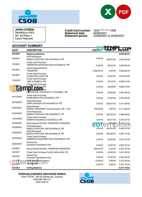 Czech Republic Československá Obchodní Banka bank statement easy to fill template in .xls and .pdf file format