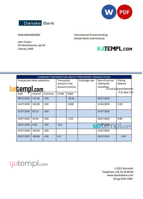 Denmark Danskebank proof of address bank statement template in Word and PDF format (.doc and .pdf)
