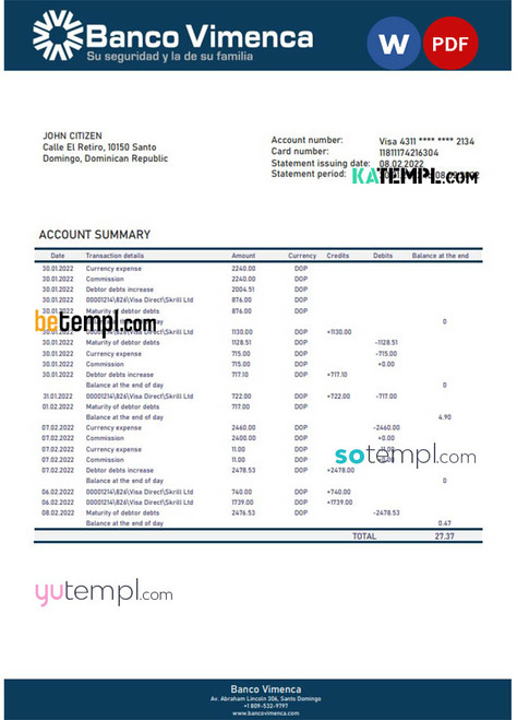 Dominican Republic Banco Vimenca proof of address bank statement template in Word and PDF format