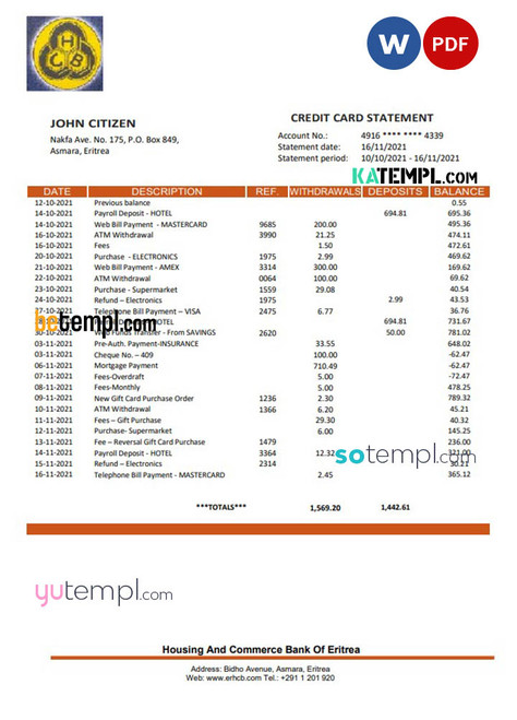 Eritrea Housing and Commerce bank statement Excel and PDF template