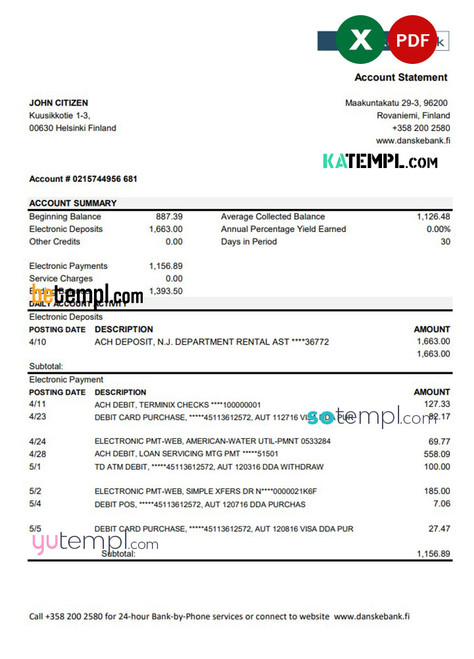 Finland Danske bank statement easy to fill template in .xls and .pdf file format
