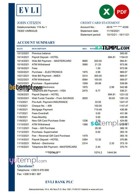 Finland Evli Bank PLC bank statement easy to fill template in Excel and PDF format